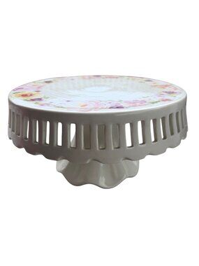 Elegance Brand White Ceramic Pedestal Floral Cake Stand w/Scalloped Edge Rim